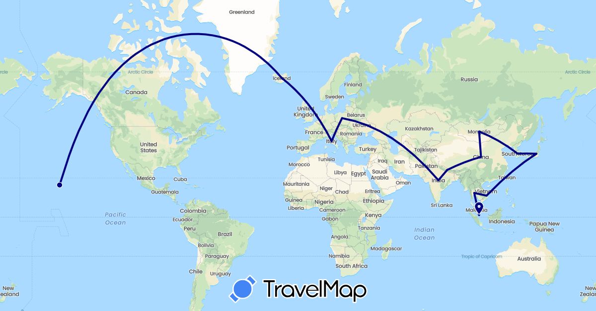 TravelMap itinerary: driving in China, India, Iceland, Italy, Japan, South Korea, Mongolia, Nepal, Poland, Singapore, Thailand, United States, Vietnam (Asia, Europe, North America)